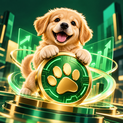 Happy golden BarkByte puppy holding a green paw coin